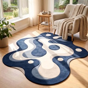 Alfombra abstracta azul y blanca de forma irregular, de lana suave, hecha a mano, moderna, para sala de estar, dormitorio, decoración única para el hogar. - Product Image 1