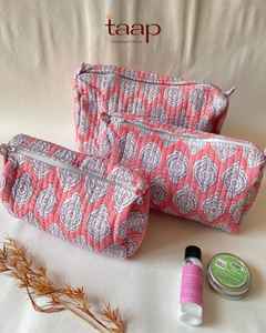 Ensemble de trousses de maquillage et de toilette professionnelles en coton matelassé, imprimé floral indien au bloc, fait main, avec fermeture éclair, imperméables, pour femme - Product Image 3