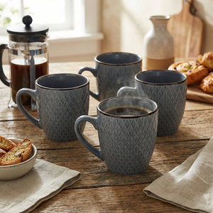 Set of 4 Smoky <b>Slate</b> Blue Ceramic Coffee Mugs Microwave Safe Pottery Flower Patterned Cup for Hiking Cute Custom Design - Product Image 4