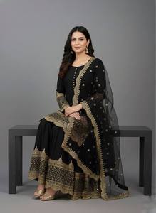 Costume Anarkali traditionnel noir pour femmes avec broderie dorée, longueur au sol, en coton, pour les occasions spéciales, style Inde Pakistan - Product Image 4
