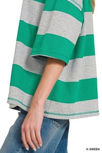 เซ็ตเสื้อครอปซิปครึ่งตัวลายทาง Zenana Frenchterry และกางเกงขาสั้น - Product Image 5