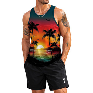 Conjunto de 2 Piezas de Camiseta sin Mangas y Pantalones Cortos con Estampado Gráfico para Hombre, Atuendo Informal de Playa para Verano - Product Image 1