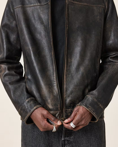 <b>Men's</b> Genuine Leather <b>Jacket</b> Vintage Distressed Finish Point Collar Zip Closure Ring Pull Banded Hem <b>Trucker</b> Coat Outerwear - Product Image 5