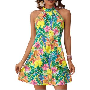 Women's Sleeveless Floral Print Sundress Halter Neck A Line Short Dress - Product Image 1