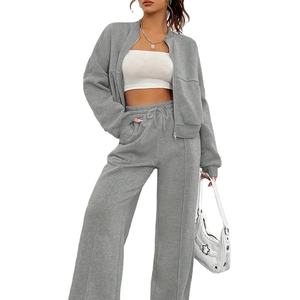 Conjunto de sudaderas con capucha y cremallera recortada de lana de poliéster y algodón 100% de longitud de manga completa para mujer bordado o estampado con hombros caídos - Product Image 3