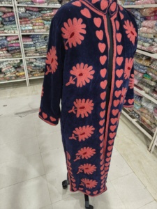 <b>Women</b> Velvet <b>Robe</b> Full Length Mandarin Collar Hand Embroidered Floral Pattern Zipper Closure Soft Cozy Winter Wear - Product Image 2