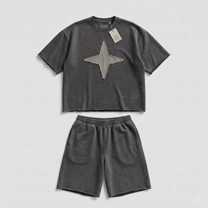 Ensemble de costume d'été personnalisé en coton épais délavé anthracite pour homme, style streetwear urbain, coupe ample, deux pièces, respirant, en molleton - Product Image 1