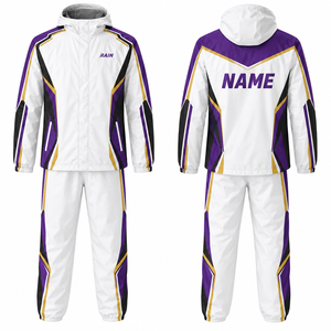 MEGAMAPLE <b>Men's</b> Waterproof Breathable Fleece Lined Varsity <b>Jacket</b> <b>White</b> Purple Gold Color Blocking PU Coated Zipper Closure - Product Image 1
