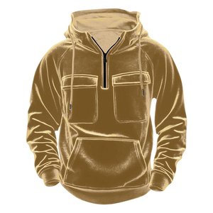 Sudadera con Capucha de Terciopelo para Otoño/Invierno, Lisa, Teñida, con Dos Bolsillos Delanteros, Media Cremallera, Corte Ajustado, Moderna, Cálida y Cómoda - Product Image 3