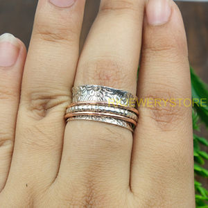 Bague tournante artisanale en argent sterling 925 et cuivre, large, pour la méditation et la réflexion, motif floral sculpté vintage, bijou - Product Image 2
