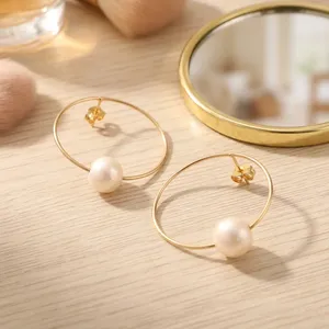 Pendientes de aro con perlas barrocas de agua dulce naturales, chapados en oro de 18 quilates, aros circulares redondos con perlas grandes y llamativas para mujer, joyería de moda. - Product Image 2