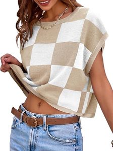 SAJZA Women's Casual Breathable Plaid Jacquard Sleeveless Short Vest Summer Thin Color <b>Block</b> Knit Shirt Anti-Pilling Knitted - Product Image 4