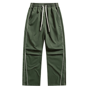 Pantalones Paracaídas Verdes de Pierna Recta con Raya Lateral, Cintura con Cordón, Secado Rápido, Poliéster, Casuales, Largos, Color Sólido - Product Image 1