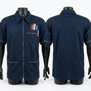 Chemise d'uniforme de barbier pour homme Black Hardson bleu marine, à manches courtes, en polyester respirant, avec poches zippées, vêtement de travail, détection des aiguilles - Product Image 1
