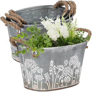 Oval Galvanized Planter Tubs Metal Flower <b>Pots</b> Jute with Handles 3 Pack <b>Large</b> Shallow Oval Galvanized Planter Tubs - Product Image 1