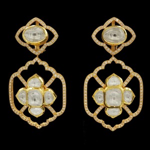 14K Gold Polki <b>Diamond</b> Floral <b>Dangle</b> <b>Earrings</b> Handmade Kundan Uncut <b>Diamond</b> Luxury Bridal Jewelry For Women - Product Image 3