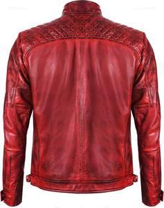 Blouson de moto en cuir rouge pour homme, col montant, fermeture éclair, couleur unie, logo avant, séchage rapide, respirant - Product Image 3