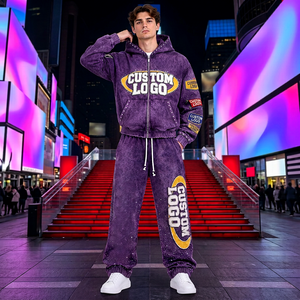 Ensemble sweat à capuche et pantalon de survêtement 100 % coton délavé pour homme – Coordonnés de mode urbaine surdimensionnés et épais personnalisés - Product Image 3