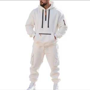 Ensemble de survêtement beige à capuche pour homme, sweat-shirt décontracté à manches longues de couleur unie avec poches latérales, pantalon à taille élastique, vêtements d'automne - Product Image 5