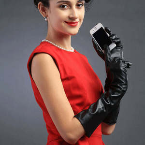 Women Custom Black Sheep Skin Fashion <b>Long</b> Leather <b>Gloves</b> Ladies Lambskin <b>Long</b> Length <b>Glove</b> Party Sheepskin <b>Gloves</b> - Product Image 2