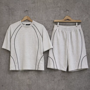 Summer Custom Contrast Stitching Piping Mens Heavy <b>Weight</b> 100% Cotton <b>Blank</b> t Shirt and Sweat Shorts Set - Product Image 4