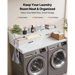 2 Drawers and 2 Hooks Countertop <b>Washer</b> Dryer Topper 54 X 27.5 in Wooden Laundry Machine Top with Shelf Drying Racks - Product Image 2