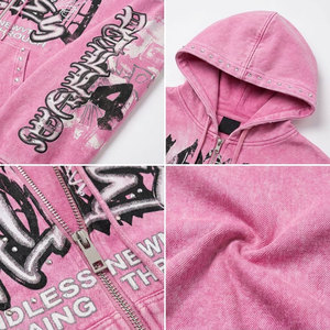 <b>Pink</b> Hooded <b>Tracksuit</b> Full Length Loose Fit Streetwear Sweatshirt And Pants Set With Letter Print Side Pockets Zipper Fly - Product Image 6