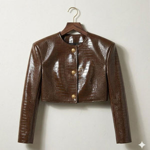 Brown Croco Embossed <b>Leather</b> Blazer Women's <b>Short</b> Jacket O-Neck Full Sleeve Autumn Style Button Closure - Product Image 3