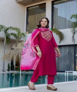 Ensemble haut, bas et dupatta en Chanderi avec broderie à motifs séquencés, vêtement ethnique décontracté en coton à séchage rapide, pour tenue de fête, prix de gros - Product Image 3