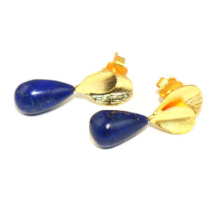 Boucles d'oreilles pendantes en laiton plaqué or 18 carats, style minimaliste, pierre de lapis-lazuli en forme de goutte, motif feuille, pour femmes et filles, vente en gros - Product Image 3