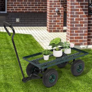 Carrello da Giardino Quadrato a Quattro Ruote in Ferro e Legno Verde 86*46*97cm per Forniture da Giardino - Product Image 1
