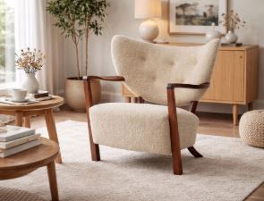 Fauteuil simple pliable en bois massif et velours d'agneau, design français moderne, pour bureau à domicile et salon - Product Image 2