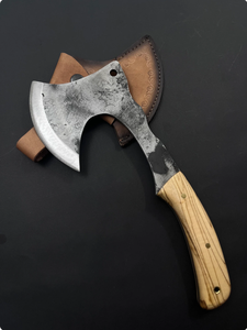 Hacha de campamento de acero forjado artesanal con espiga plana, mango de madera noble y funda de cuero genuino - Herramienta industrial de supervivencia para bricolaje - Product Image 3