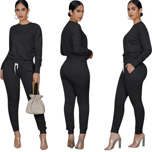 Conjunto de 2 Piezas Tejido para Mujer, Sudadera de Manga Larga con Cuello Redondo y Bolsillo, Leggings Ajustados hasta el Tobillo, Color Sólido - Product Image 2
