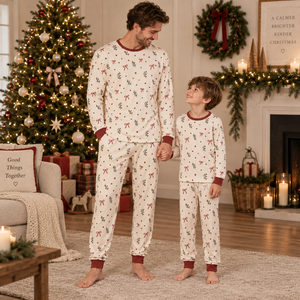 Christmas Pajamas Set Long Sleeve <b>Knitted</b> Cotton Printed Bows <b>Pattern</b> Crew Neck Full Length Soft Cozy Winter Sleepwear - Product Image 1