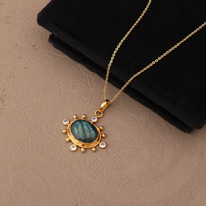 Labradorite Gemstone Pendant Necklace, 18k Gold Plated Sunburst Necklace V - Product Image 2