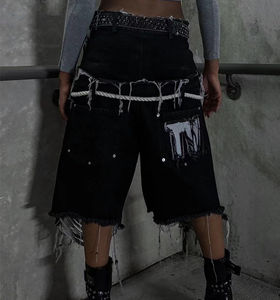 Shorts cargo baggy en jean pour homme, personnalisés, avec double taille et strass aux genoux, prix abordable - Product Image 5