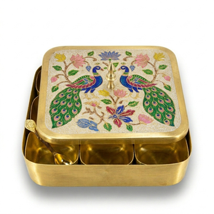 Handcrafted Brass <b>Masala</b> <b>Box</b> with Elephant Meenakari Art Decorative Spice Storage Container for Kitchen Dining Table Gift Use - Product Image 6