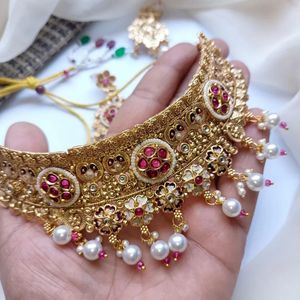 Indo Western Kundan Gold Plated Choker Necklace <b>Set</b> With Gold Plating Artificial Jewellery Wholesalers in India - Product Image 2