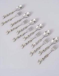 Best Quality Luxury Silver Stainless Steel And Brass Floral Branch Carved Spoon & <b>Fork</b> 12 Pcs Set - Product Image 6