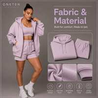 ONETEN APPARELS Ensemble sweat à capuche oversize pour femme, hiver, couleur lavande unie, polaire respirant, tenue de sport décontractée, 3 pièces avec short moulant