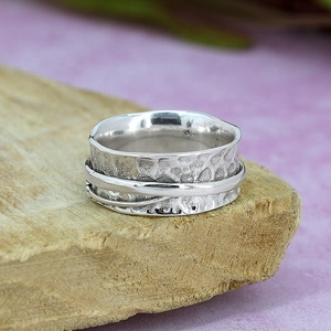 3 Stone 925 Sterling Silver Minimalist <b>Spinner</b> <b>Ring</b> Hammered Wide Band Bezel Set Gemstone Meditation Anxiety <b>Ring</b> for Women - Product Image 5
