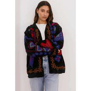 Veste noire brodée Suzani avec motifs floraux multicolores vibrants, en coton, style bohème, vêtements d'extérieur pour femmes - Product Image 4