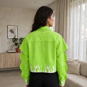 Custom Neon Green Vintage Windproof Denim <b>Jacket</b> for Women <b>Rhinestone</b> Flame Print Streetwear Zip up Casual OEM ODM Factory - Product Image 2