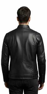 Chaqueta de Motociclista de Cuero Negro Ecológico para Hombre, Estilo Urbano, Cuello Alto, Cierre de Cremallera, Corte Ajustado, Largo Regular, Otoño Invierno - Product Image 3