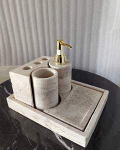 Ensemble de salle de bain en marbre - Ensemble d'accessoires de bain rustiques en pierre naturelle 5 pièces avec distributeur et plateau |   Décoration de vanité artisanale - Product Image 5