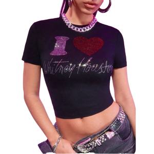 En gros, T-shirt court basique pour femme, mode estivale, col rond, avec logo en strass, style Baby Tee en cristal - Product Image 5