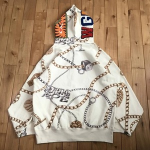 Sudadera con capucha extragrande blanca con cremallera, diseño de cadena y tiburón, estilo urbano unisex, 100% algodón, forro polar, tejido de punto, primavera, corte regular - Product Image 6