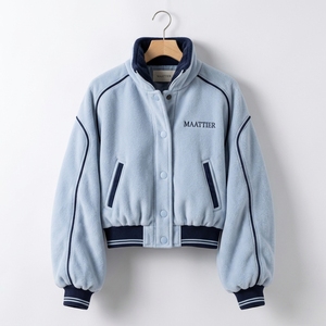 <b>Womens</b> Light Blue Fleece Bomber <b>Jacket</b> with Navy Piping Striped Ribbed Cuffs Snap Button Closure Custom Wholesale - Product Image 3