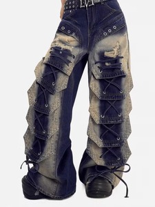 Jean en denim gothique pour homme, coupe ample, jambe large, doublé polaire, délavé, respirant, poids moyen, chaud pour l'hiver, vente en gros - Product Image 4
